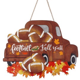 Fall Sign Football Hanging Decor Football Fall Hanging Sign Autumn Sign Wooden Football Decorations Front Door Hanger Home Wall Plaque Holiday Thanksgiving Farmhouse Indoor Outdoor Decor