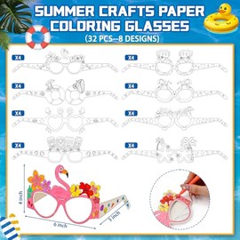 32Pcs Summer Craft Coloring Glasses Bulk - Hawaiian Luau Art Craft Kit- Beach Pool Theme DIY Paper Party Glasses Decor for Teacher Students Classroom Activities Camp Project Party Favors - 8 Designs