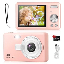 Digital Camera - 1080P FHD 44MP with 2.4" LCD Screen Compact Portable Vlogging Photo Camera with 32gb SD Card 16X Digital Zoom for Kids Teen Students Beginner (Upgrade Pink)