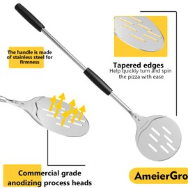 AmeierGro Pizza Turning Peel, Perforated Pizza Peel Turner, Adjustable Long Handle Pizza Spatula, Pizza Paddle Harden Anodizing, Pizza Oven Accessories for Pizza