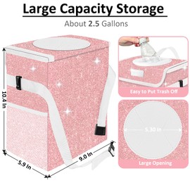 BAOGCOYO Car Trash Can for Car, Cute Mini Car Trash Bag with Lid, Glitter Car Garbage Can Bin Hanging for Back/Front Seat/Console, Waterproof, Leakproof, 2.5 Gallon, Pink Bling Sparkly