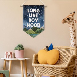 ChissNook Long Live Boyhood Boys Room Decor Canvas Banner, Watercolor Woodland Nursery Hanging Pennant Banner Flags Wall Display, Mountain Woodland Nursery Wall Decor for Kids Boys Room Playroom