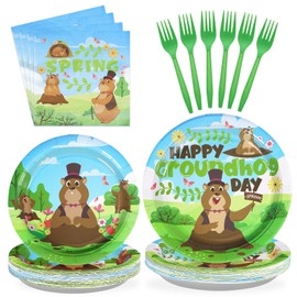 96Pcs Happy Groundhog Day Birthday Party Supplies 350 GSM Groundhog Plates and Napkins Tableware Sets Spring February 2nd Party Decorations for Groundhog Day Themed Baby Shower Party Favor,Servers 24
