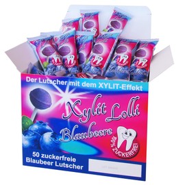 Xylitol Birch Sugar Lolli Blueberry | 50 Pieces x 6 g | Sugar-Free Lollipop | Vegan & Calorie Reduced | Dental Care Lollipop | Blueberry Lollies Bulk Pack