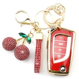 Rayslesan Sparkly Key Fob Cover with Cherry Keychain, Bling TPU Smart Key Case for Women, Compatible with Toyota 4Runner,Avalon,Camry Corolla Fortuner Highlander RAV4 LE (4-Button, Gold Red)