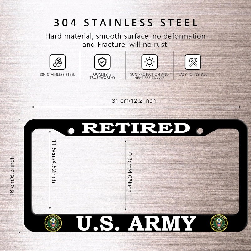 2 Pack License Plate Frames for U.S. Army Retired, Universal