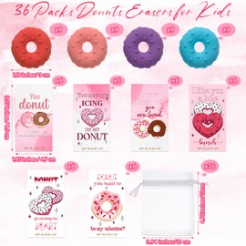 ReliThick 36 Sets Valentines Day Gifts Included 36 Donut Erasers with 36 Donut Cards 36 Organza Bags Mini Fun Food Erasers Bulk for Valentine Exchange Prizes Party Favor