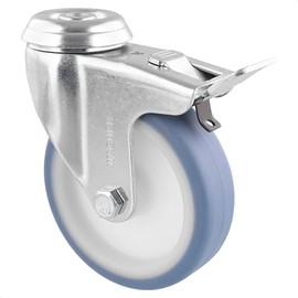 WAGNER Soft swivel castor with back hole, diameter 100 mm, height 125 mm, galvanised steel, blue/white, brake, load capacity 75 kg, 23370001