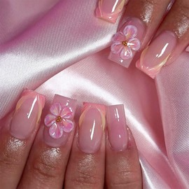 French Tip Press on Nails Flowers Fake Nails Short Square False Nails 3D Floral Acrylic Nails Nude Pink Artificial Nails Glossy Glue on Nails for Women Girls Manicure Art Decoration 24Pcs