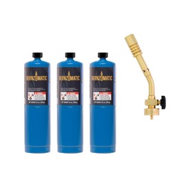 Bernzomatic® Wide Flame Brass Torch - Manual Ignition, Wide Pencil Flame Propane Torch (JT680 Torch + 3 Bottles Propane)