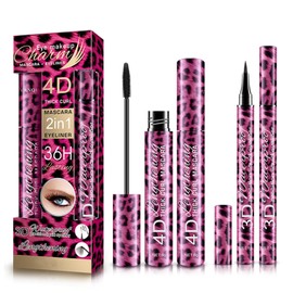 4D Eyelash Mascara and Eyeliner Set, Silk Fiber Eyelash Mascara & Eyeliner Kit, 2-in-1 Waterproof Thick Curl Mascara with Liquid Eyeliner, Long-Lasting Sweat-Proof SmudgeProof Eyelashes Eyes Makeup