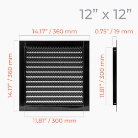 HVAC OV 12" x 12" Inch Black Galvanized Steel Vent Cover - Square Industrial Air Vent Louver for Wall, House, Garage - Wire Screen Mesh Louver Grille - Soffit Exhaust Vent, Dryer Vent Cover