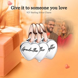 Rimgoris 925 Sterling Silver Charm for Women Bracelets Necklace Family Grandparents and Granddaughter Heart 3 piece set Birthday Mother's Day Gift Charms for Women