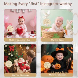 Baby Monthly Milestone Cards with Hello World Newborn Sign, 10Pcs Wooden Baby Announcement Sign, Double Sided Babys Photography Prop, My First Holiday Milestone Perfect Newborn Gift for Boys and Girls