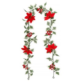 Artificial Christmas Garland 5.7ft Faux Green Holly Leaves with Red Berry and Christmas Flower Garland Xmas Hanging Vine for Winter New Year Christmas Indoor Outdoor Home Fireplace Door Decoration