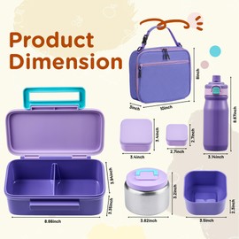 MAISON HUIS Bento Box for Kids with 8oz Soup Thermo, Insulated Lunch Bag & 17oz Water Bottle, 2-Compartment Bento Box with Built-In Ice Pack, Leak-Proof & BPA-Free (Purple)