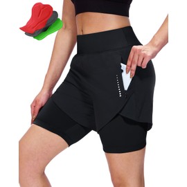 Sportneer Women's Bike Shorts, 4D Gel Padding & UPF 50+ – Mock Two-Piece Design, 3 Side Pockets, Breathable Comfort for Outdoor Riding, Commuting Black