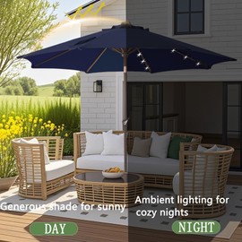 AYGE 9FT Solar LED Patio Umbrella with 32 Lights and Tilt Crank, Outdoor Market Umbrella with Solar Charging Panel, Sunshade for Deck, Pool,Garden, Backyard，Navy