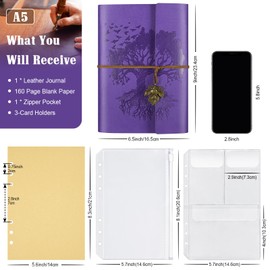 Leather Journal Notebook, Travel Journal with 2 Pockets, Vintage Refillable Journal for Writing, Diary Journal for Women, Men, Girls and Boys, 100GSM Blank Paper, 160 Pages (Purple A5 16.5 x 23.4cm)