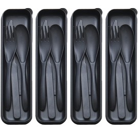 LIVELYPET Reusable Travel Cutlery with Case, 4 Sets Portable Plastic Cutlery for Office, School, Travel, Camping, Picnic (Black)