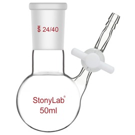 Stonylab Reaction Flask - Borosilicate Glass Single-Neck Flask with 24/40 Joint and PTFE Stopcock Valve, Round Bottom, 50 ml