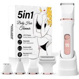 Bikini Trimmer for Women,5-in-1 Electric Razors for Women,Electric Shaver for Women's,IPX7 Waterproof Trimmer for Men Legs,with 5 Replaceable Blade Heads,USB Recharge Dock（White）