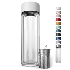EVER VESSEL Glass Multi Tea Infuser Bottle 14oz - Double Wall Borosilicate Glass Flask | No Plastic Touches Contents | Perfect for Office or Home - White
