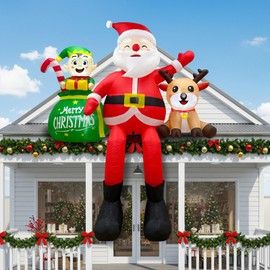 Fayavoo 8 FT Christmas Inflatables Outdoor Decorations, Christmas Blow Up Yard Decorations, Sitting Santa Inflatable Outdoor Decor with Elf & Reindeer Built-in LEDs for Lawn Patio Bench Shrubs Roof