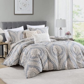 Bedduvit Cotton Duvet Cover Queen - Beige and Grey Damask Queen Duvet Cover Set,Breathable Minimalism Damask Patterned Duvet Cover Queen with Zipper Closure & 8 Ties (90"x90", No Comforter)