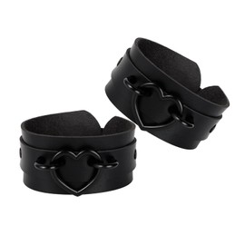 Manfnee Pack of 2 Punk Gothic Bracelet for Men Women Leather Heart Metal Rivets Cuff Wide Bracelet Black, Faux Leather Zinc, No gemstone