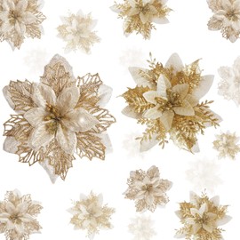 AotheFory Christmas Poinsettia Gold Flowers 24 Pack Glitter Silk Flowers for Christmas Tree Ornaments Xmas Wreaths Garland Winter Holiday Decorations (Gold)