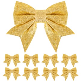 8 Pack Glitter Gold Christmas Bows Christmas Tree Bows 6 inch Wide, Gold Bows for Christmas Tree Decorations Gift Wrapping Ornaments Xmas Wreath Bows Garland Crafting Decorations Bows Supplies