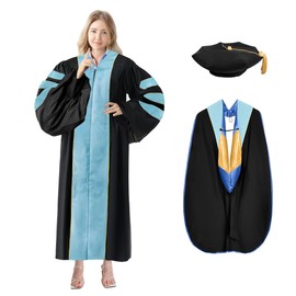 Happy Secret Doctoral Graduation Gown Set with 8-Sided Tam & Hood, Deluxe PhD Regalia with Velvet Trim and Gold Piping
