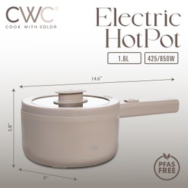COOK WITH COLOR Electric Hot Pot, 1.6L Mini Cooker, 700W Power, Non-Stick Surface, Thermal Cut-Out Protection, Perfect for Rice, Noodles, Soups, Stews, Dorms, Apartments, and Small Kitchens, Goat/Mink