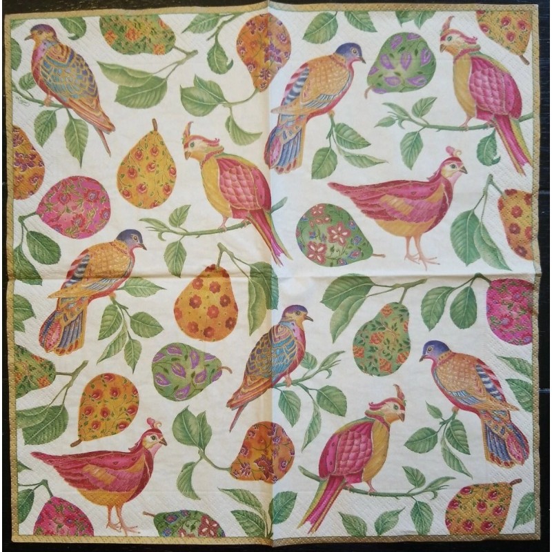 TWO Individual Napkins Birds Pears Ivory Cocktail for Decoupage (121