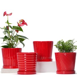 Ton Sin Plant Pots, 6 Inch Flower Pots for Plants,Ceramic Planter with Drainage Holes,Indoor Planter Pots with Saucer,Outdoor Garden Pots (Fire Red, 4 Pack)