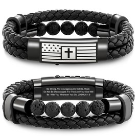 LANGE HOME Christian Gifts for Men – Christian Bracelet with Bible Verse & Cross – Adjustable Stainless Steel Mens Bracelets with Volcanic Stones, Leather Band & Velvet Gift Box for Religious Gifts