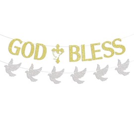God Bless Banner with Peace Dove Cross Decor, Bless This Child Decor, Religious Banner, Baptism Decor, Christening Decor Gold Glitter