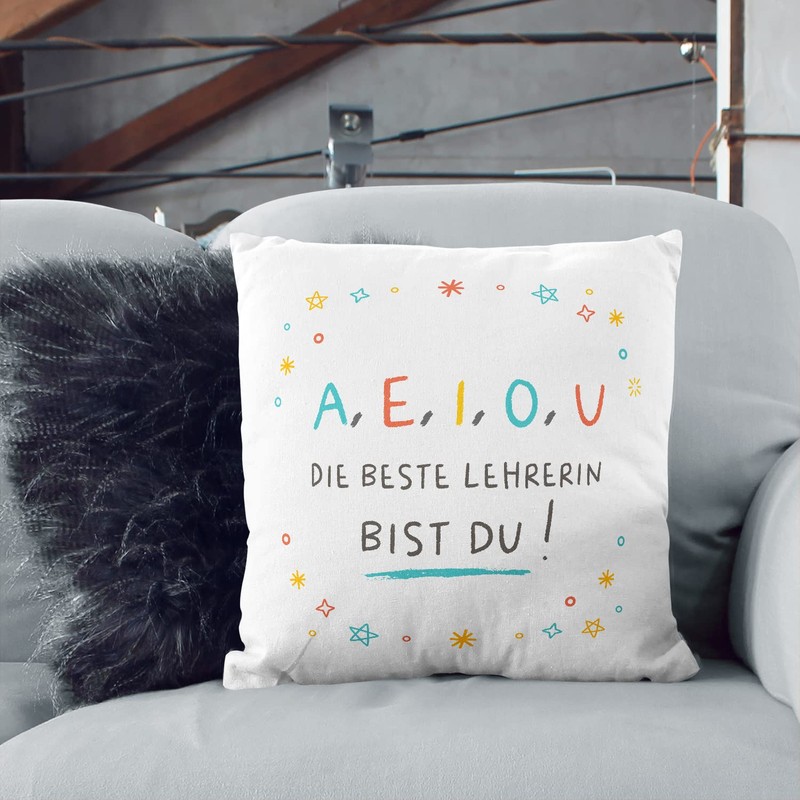 Mugffins AEIOU Cushion with Filling with Saying for Teacher in