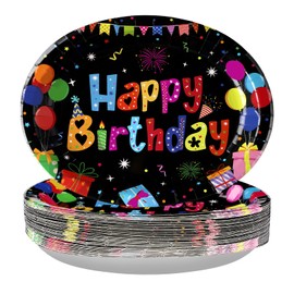 50 Pcs Happy Birthday Oval Paper Plates 10"x12" Large Colorful Black Birthday Plates Disposable Heavy Duty Birthday Theme Party Plates Happy Birthday Party Supplies for Boys Girls Birthday Party Decor