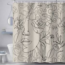 Abstract Face Shower Curtain, Black Lines Women Face Floral Butterfly Silhouette Minimalist Art Aesthetic Bathroom Decor Curtains, Fabric Polyester Waterproof Shower Curtain Sets with Hooks 72 x 72