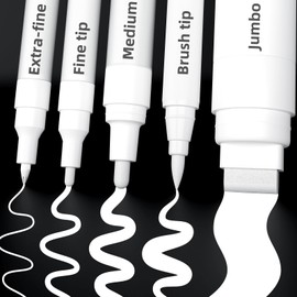 TECADA 5 White Paint Pens, 5 Different Tips Acrylic Paint Markers for Rock Painting, Glass Marking, Canvas, Wood, Tire, Metal, Fabric - Extra Fine, Fine, Medium, Brush Tip & Jumbo Pens