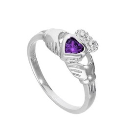 Sterling Silver & Amethyst CZ Crystal February Birthstone Claddagh Ring Size U (Available I - U)