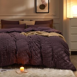 JELLYMONI Purple Duvet Cover King Size, 3pcs Washed Microfiber Bedding Set, Soft Breathable Seersucker Duvet Cover Set with Zipper Closure and Corner Ties for All Seasons