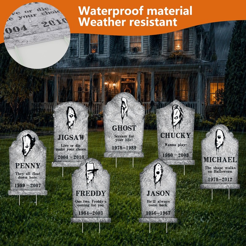 Arosche Halloween Horror Tombstone Plastic Yard Signs 7Pcs with Stakes