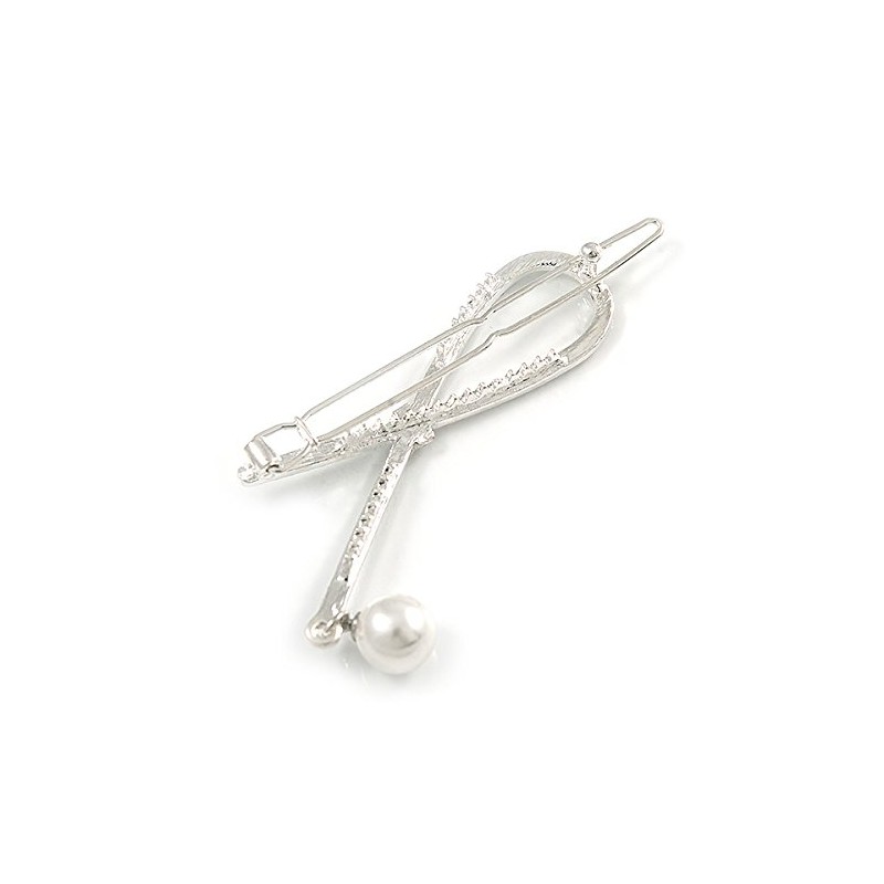 Silver Plated Clear Crystal, Simulated Pearl Bead Open Bow Hair