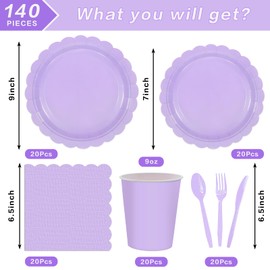 Uikeleexm 140 PCS Sage Green Party Supplies Tableware Set Sage Paper Plates Napkins Cups for Wedding Bridal Shower Birthday Baby Shower Party Decorations, Serves 20 (Light Purple)