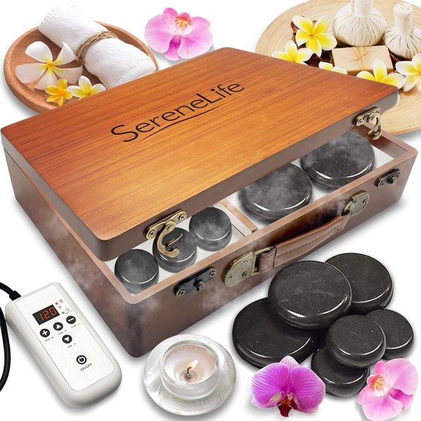 SereneLife PyleUsa Hot Stones Massage Kit with Warmer-Warm Round Basalt Stone Massaging Set Portable Heater,6 Large, Small Rocks, Digital Controller, For Professional&Home Spa Therapy (PSLMSGST70B)