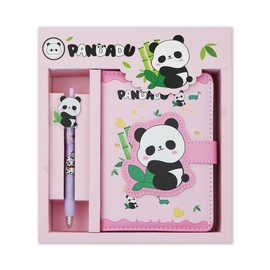 2 in 1 Cute Panda Theme Stationery Gift Box Set Includes 1 Pcs A6 Cartoon Panda Notebook Journal Hardcover Notepad Diary and Pen Gift for Birthday Christmas Kids Study Office School Supplies (Pink)