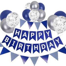 Happy Birthday bunting Banner balloons, Navy blue Happy Birthday Bunting Banners, 12 inch Navy blue and silver Happy Birthday Balloons Perfect for Birthday Party Decorations